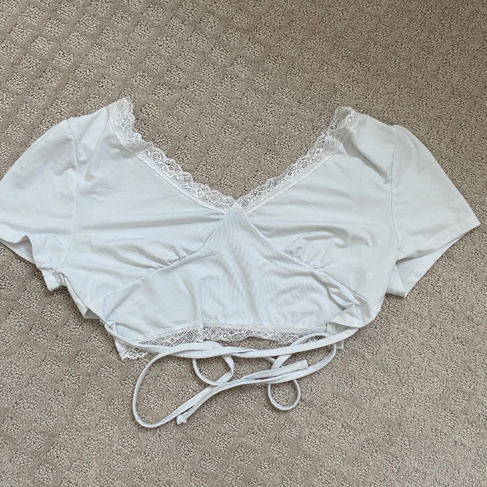 S White Crop Top With Lace and Tie Front